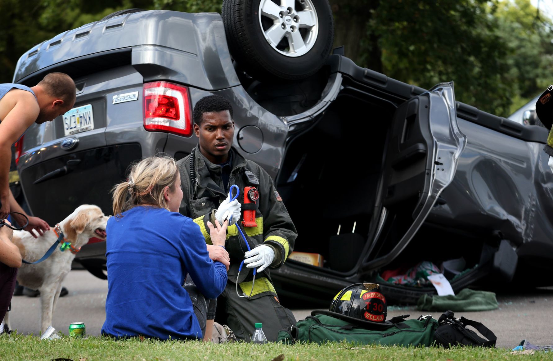 Overturned car in Forest Park